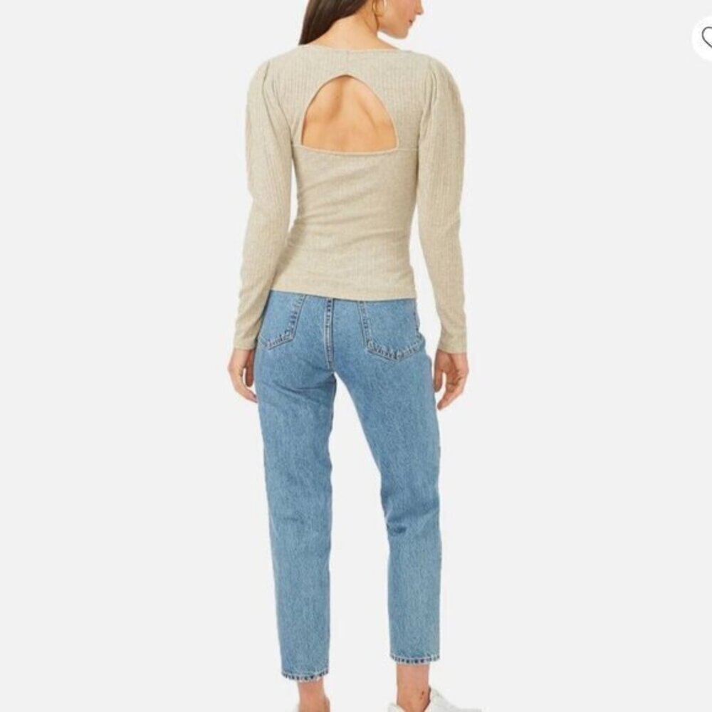 1.STATE Puff Sleeve Keyhole Pullover Ribbed Knit Top